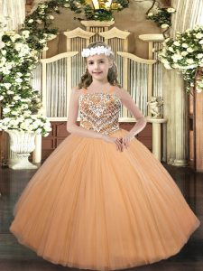  Peach Sleeveless Tulle Lace Up Little Girl Pageant Gowns for Party and Quinceanera