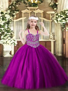 Most Popular Fuchsia Sleeveless Beading Floor Length Pageant Gowns For Girls