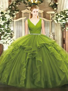 Dramatic Tulle V-neck Sleeveless Zipper Beading and Ruffles Ball Gown Prom Dress in Olive Green