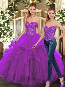  Purple Sleeveless Floor Length Beading and Ruffles Lace Up 15 Quinceanera Dress