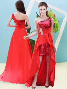 Customized Red A-line One Shoulder Sleeveless Elastic Woven Satin and Sequined High Low Lace Up Beading and Sequins Prom Gown