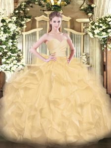 Modest Ball Gowns 15 Quinceanera Dress Gold Sweetheart Organza Sleeveless Floor Length Lace Up