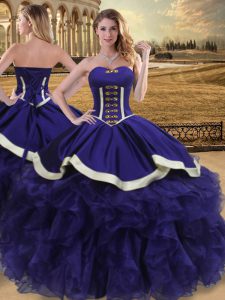 Modest Purple Sweetheart Neckline Beading and Ruffles Quinceanera Dress Sleeveless Lace Up
