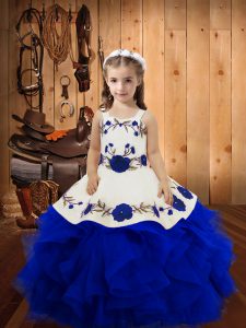 Classical Floor Length Lace Up Little Girls Pageant Dress Royal Blue for Sweet 16 and Quinceanera with Embroidery and Ruffles
