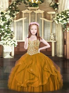  Brown Sleeveless Tulle Lace Up Kids Pageant Dress for Party and Quinceanera