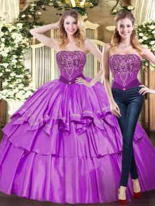  Strapless Sleeveless Tulle Quinceanera Gown Beading and Ruffled Layers Lace Up