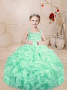  Apple Green Sleeveless Beading and Ruffles Floor Length Party Dress