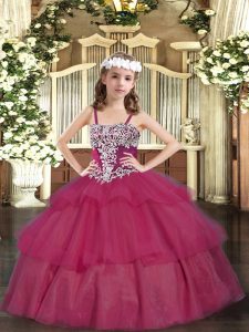 Superior Floor Length Ball Gowns Sleeveless Wine Red Little Girl Pageant Gowns Lace Up