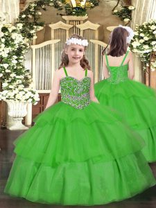  Green Organza Lace Up Little Girls Pageant Gowns Sleeveless Floor Length Beading and Ruffled Layers