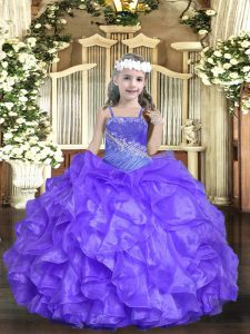  Lavender Ball Gowns Beading and Ruffles Child Pageant Dress Lace Up Organza Sleeveless Floor Length