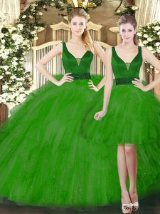 Vintage Green Lace Up Straps Beading and Ruffles Sweet 16 Dresses Tulle Sleeveless