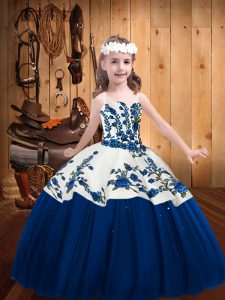 Enchanting Blue Tulle Lace Up Straps Sleeveless Floor Length Little Girls Pageant Dress Embroidery