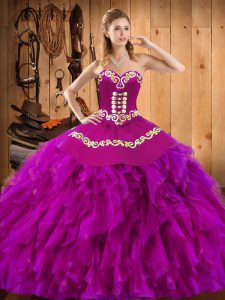  Sleeveless Satin and Organza Floor Length Lace Up Vestidos de Quinceanera in Fuchsia with Embroidery and Ruffles