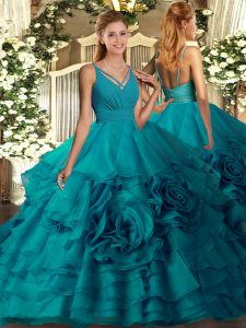 Inexpensive Teal Organza Backless V-neck Sleeveless Quinceanera Gown Beading and Ruffled Layers