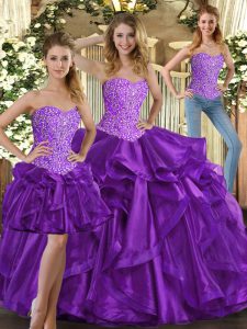 Trendy Eggplant Purple Sleeveless Beading and Ruffles Floor Length 15th Birthday Dress