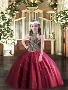  Wine Red Lace Up Little Girl Pageant Gowns Beading Sleeveless Floor Length