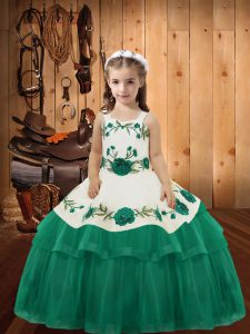  Turquoise Straps Neckline Embroidery and Ruffled Layers Kids Pageant Dress Sleeveless Lace Up