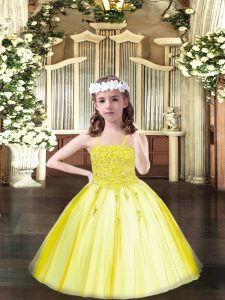 Fantastic Floor Length Yellow Little Girls Pageant Dress Wholesale Spaghetti Straps Sleeveless Lace Up