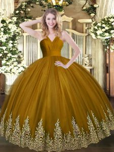 Stylish Brown Sleeveless Appliques Floor Length Sweet 16 Dress