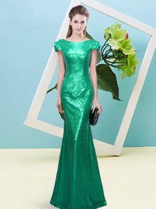Perfect Turquoise Cap Sleeves Sequined Zipper Prom Evening Gown for Prom and Party