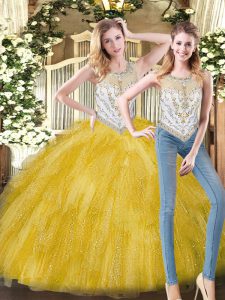 Adorable Yellow Ball Gowns Beading and Ruffles Quinceanera Dress Zipper Organza Sleeveless Floor Length