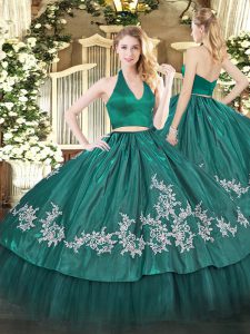  Floor Length Zipper Sweet 16 Dresses Dark Green for Military Ball and Sweet 16 and Quinceanera with Appliques