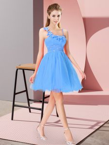  Beading and Hand Made Flower Prom Dress Baby Blue Zipper Sleeveless Mini Length