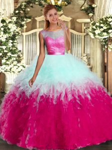 Dynamic Multi-color Ball Gowns Lace and Ruffles 15 Quinceanera Dress Backless Organza Sleeveless Floor Length