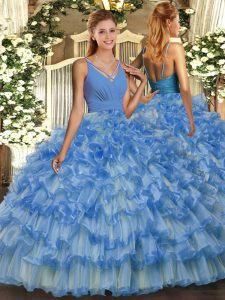  Blue Ball Gowns Ruffled Layers Ball Gown Prom Dress Backless Organza Sleeveless Floor Length
