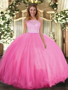 Hot Sale Rose Pink Ball Gowns Lace 15th Birthday Dress Clasp Handle Tulle Sleeveless Floor Length