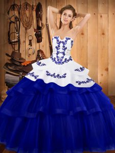  Strapless Sleeveless Sweep Train Lace Up Quinceanera Dress Royal Blue Tulle