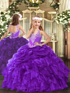 High Quality Sleeveless Floor Length Beading and Ruffles and Pick Ups Lace Up Pageant Gowns For Girls with Purple