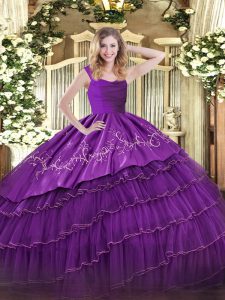 Great Straps Sleeveless Zipper Ball Gown Prom Dress Eggplant Purple Satin and Organza