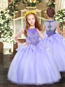 Modern Scoop Sleeveless Little Girls Pageant Gowns Floor Length Beading Lavender Organza