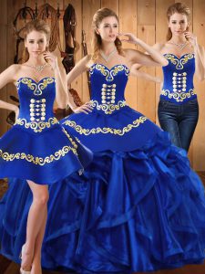  Royal Blue Lace Up Sweet 16 Dresses Embroidery and Ruffles Sleeveless Floor Length