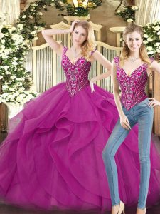  Floor Length Fuchsia Sweet 16 Dresses Organza Sleeveless Beading and Ruffles