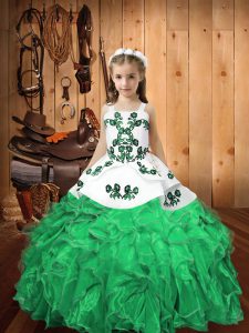 Custom Design Turquoise Sleeveless Embroidery and Ruffles Floor Length Girls Pageant Dresses