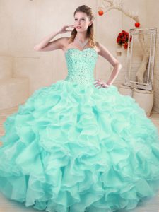 Wonderful Aqua Blue Ball Gowns Sweetheart Sleeveless Organza Floor Length Lace Up Beading and Ruffles Ball Gown Prom Dress