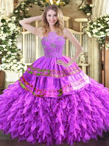  Lilac Zipper Halter Top Beading and Ruffles and Sequins Sweet 16 Dress Tulle Sleeveless