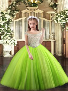 Unique Ball Gowns Pageant Gowns For Girls Yellow Green Off The Shoulder Tulle Sleeveless Floor Length Lace Up