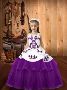  Eggplant Purple Straps Lace Up Beading and Embroidery Little Girls Pageant Gowns Sleeveless