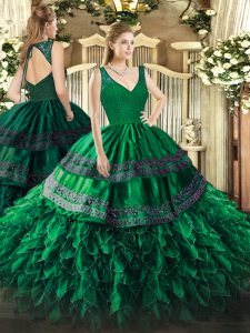  Floor Length Backless 15 Quinceanera Dress Dark Green for Military Ball and Sweet 16 and Quinceanera with Beading and Lace and Ruffles