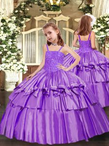 Dazzling Straps Sleeveless Child Pageant Dress Floor Length Beading and Ruffled Layers Lavender Taffeta