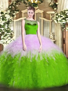  Multi-color Ball Gowns Scoop Sleeveless Tulle Floor Length Zipper Beading and Ruffles Quinceanera Dresses
