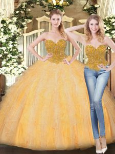  Gold Zipper Quinceanera Gowns Beading and Ruffles Sleeveless Floor Length