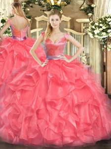 Best Selling Coral Red Quince Ball Gowns Military Ball and Sweet 16 and Quinceanera with Beading and Ruffles V-neck Sleeveless Zipper