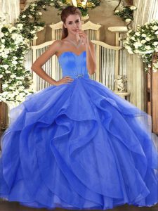  Blue Tulle Lace Up Sweet 16 Quinceanera Dress Sleeveless Floor Length Beading and Ruffles