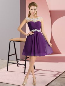  Scoop Cap Sleeves Prom Evening Gown Mini Length Beading Purple Chiffon