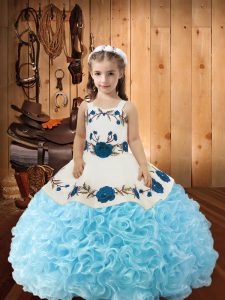  Fabric With Rolling Flowers Sleeveless Floor Length Kids Pageant Dress and Beading and Ruffles