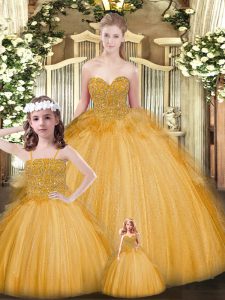  Floor Length Ball Gowns Sleeveless Gold Quinceanera Gown Lace Up